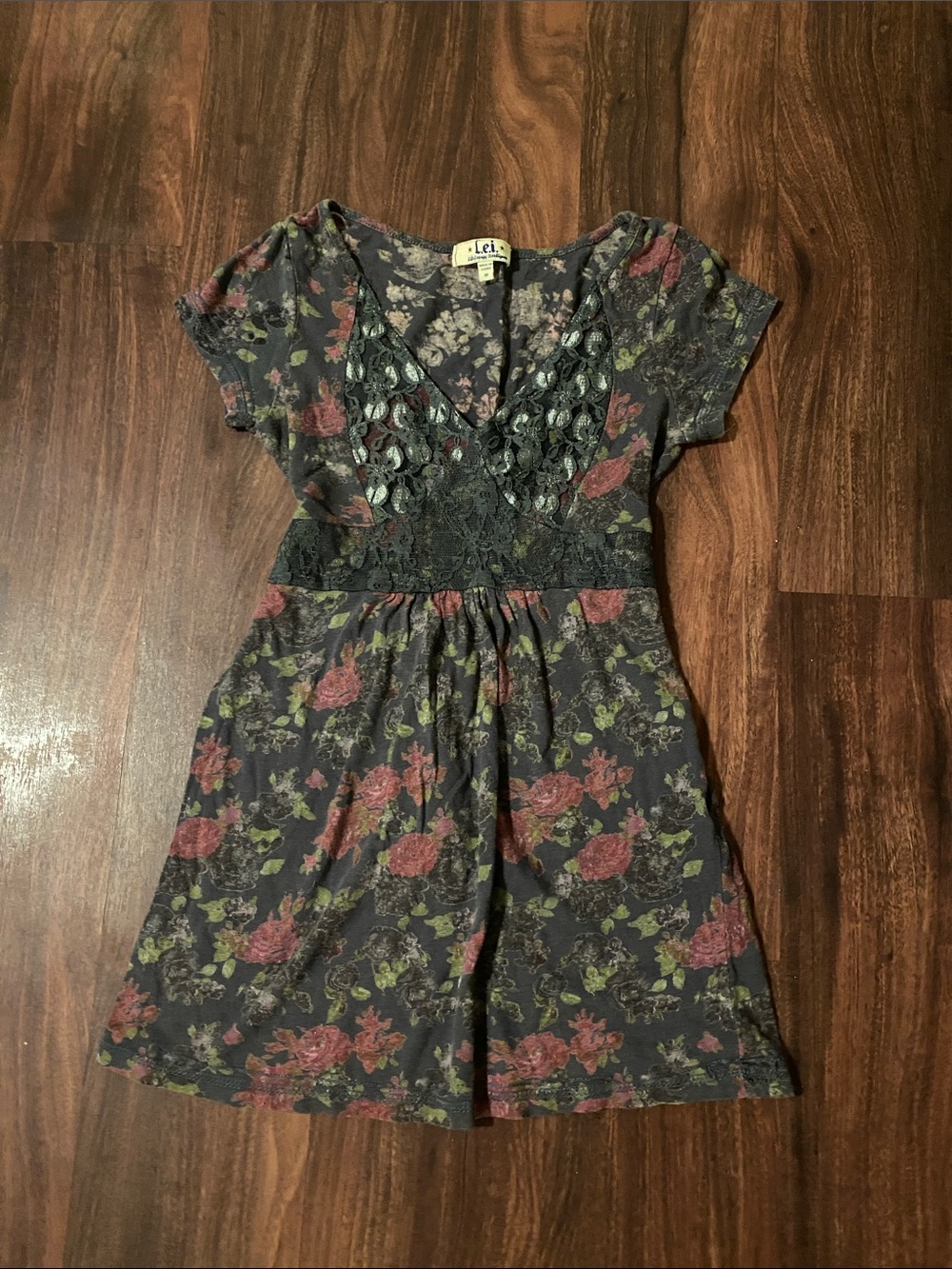 lei Navy Floral Lace-Trim Short Dress with Rose Print